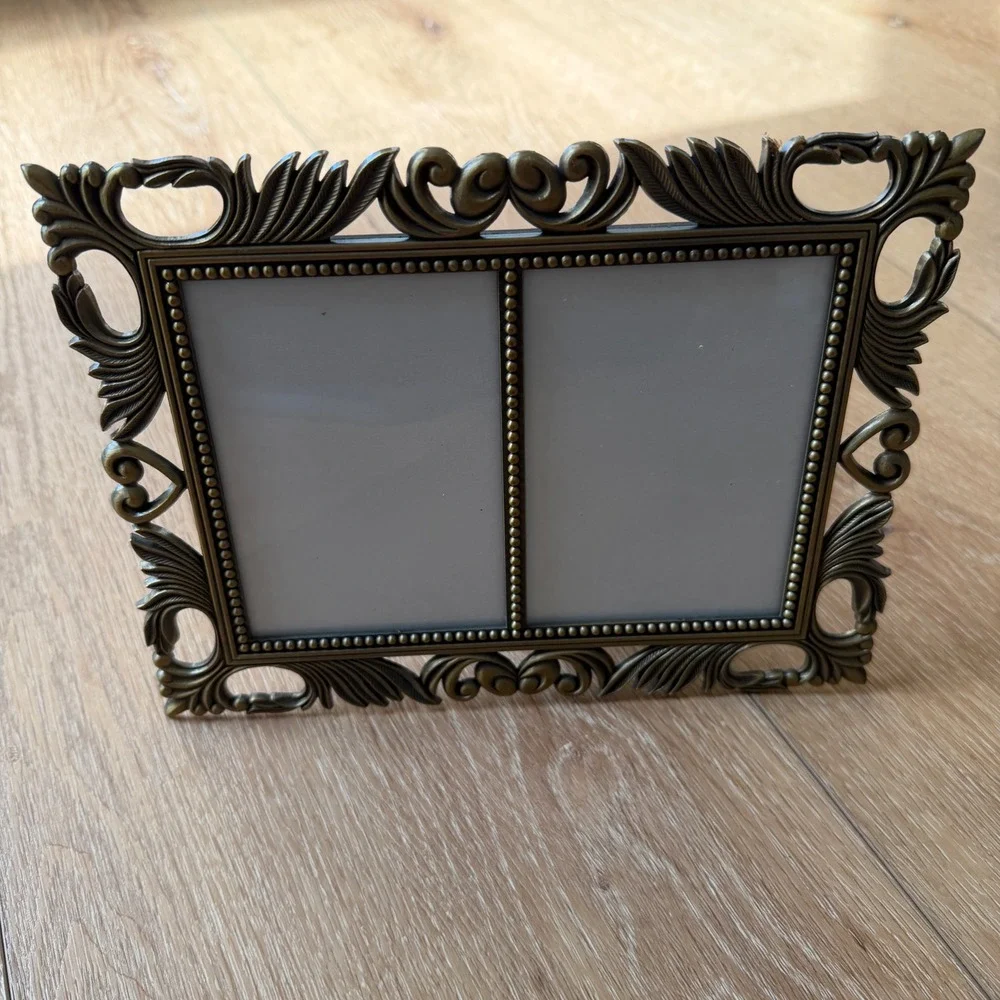 Vintage Ornate Brass Metal Double Picture Frame Heart Scrollwork 3x4.5